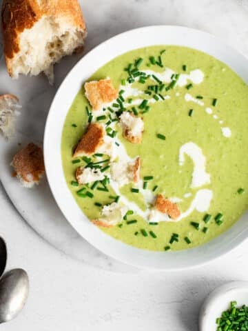 Creamy asparagus soup in a ceramic bowl