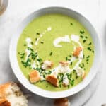 Creamy asparagus soup in a ceramic bowl