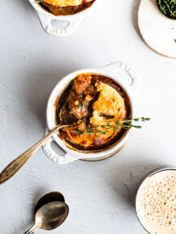 Beef and stout pie garnished with thyme