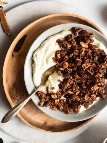 dark chocolate granola in an earthenware bowl garnished with fresh whole milk yogurt
