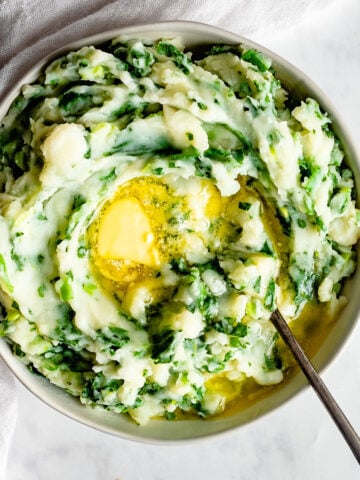 Colcannon on a marble surface with a soft linen cloth