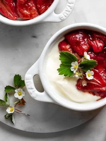 roasted strawberries spooned over yogurt